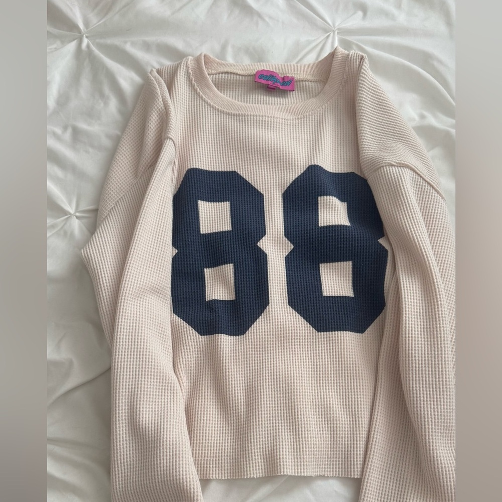 Edikted Cream Long Sleeve Waffle Tee with Navy Print - Size Small
